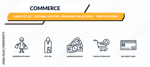 commerce icons set - shopper with bags, eco tag, american dollar, take out from the cart, big credit card outline vector collection.
