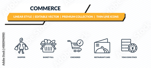 commerce icons set - shopper, basket full, checkered, restaurant card, yens coins stack outline vector collection.
