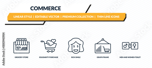 commerce icons set - grocery store, solidarity purchase, rich smile, graph frame, men and women toilet outline vector collection.