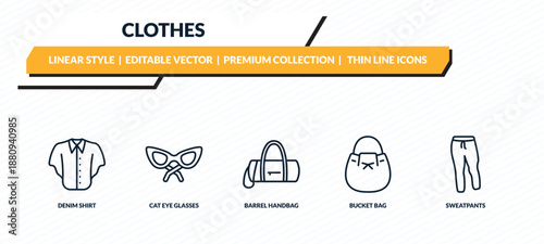 clothes icons set - denim shirt, cat eye glasses, barrel handbag, bucket bag, sweatpants outline vector collection.