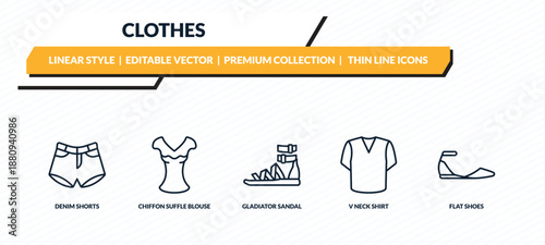 clothes icons set - denim shorts, chiffon suffle blouse, gladiator sandal, v neck shirt, flat shoes outline vector collection.