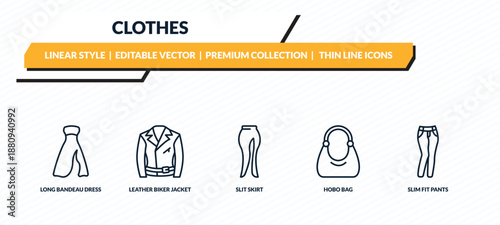 clothes icons set - long bandeau dress, leather biker jacket, slit skirt, hobo bag, slim fit pants outline vector collection.