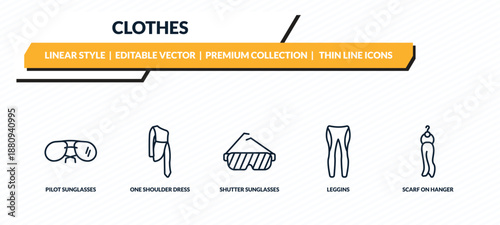 clothes icons set - pilot sunglasses, one shoulder dress, shutter sunglasses, leggins, scarf on hanger outline vector collection.