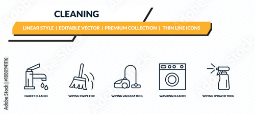 cleaning icons set - faucet cleanin, wiping swipe for floors, wiping vacuum tool, washing cleanin, wiping sprayer tool outline vector collection.