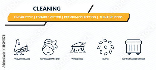 cleaning icons set - vacuum cleanin, wiping woman head, wiping brush, leaves, wiping trash container outline vector collection.