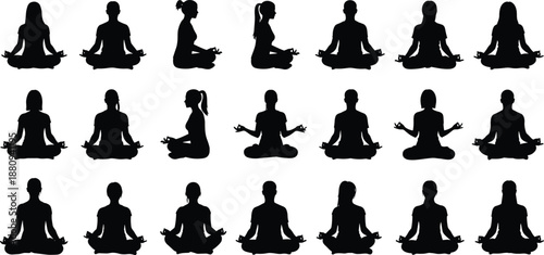 Black, and, white, silhouette, collection, of, people, in, meditation, poses, featuring, lotus, position, sitting, yoga, mindfulness, wellness, zen, lifestyle, and, health.