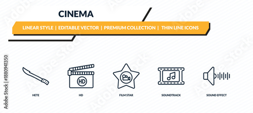 cinema icons set - hete, hd, film star, soundtrack, sound effect outline vector collection.