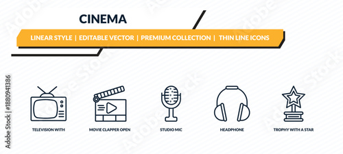 cinema icons set - television with antenna, movie clapper open, studio mic, headphone, trophy with a star outline vector collection.