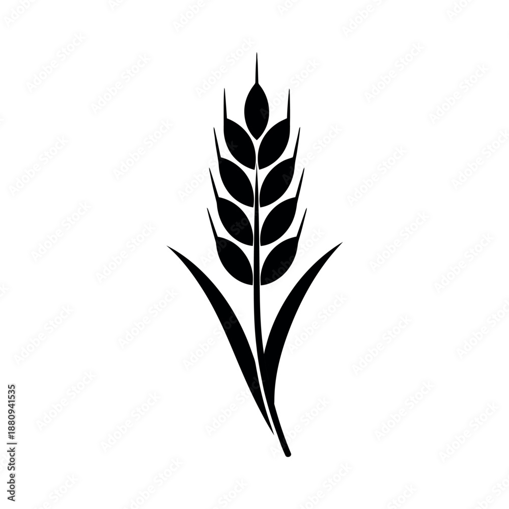 Fototapeta premium Solid black silhouette of a wheat stalk with two leaves. Professional flat vector icon for bakery, brewery, or agricultural logo design.