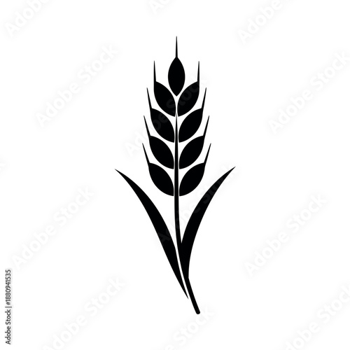 Solid black silhouette of a wheat stalk with two leaves. Professional flat vector icon for bakery, brewery, or agricultural logo design.