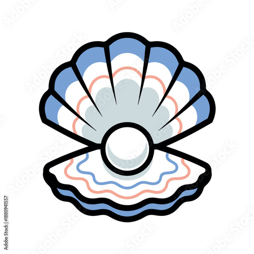 Stylized blue and pink open seashell with a white pearl. Colorful vector illustration for summer, beach, and ocean-themed designs.