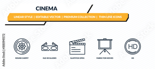 cinema icons set - round carpet, old 3d glasses, slapstick open, fabric for movies, hd outline vector collection.