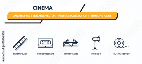 cinema icons set - film strip black, inclined videocaste, 3d paper glasses, movie light, film roll side view outline vector collection.