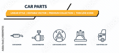 car parts icons set - car silencer, car distributor, hazard lights, distributor cap, petrol cap outline vector collection.