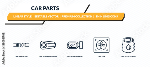 car parts icons set - car indicator, car reversing light, wing mirror, fan, petrol tank outline vector collection.