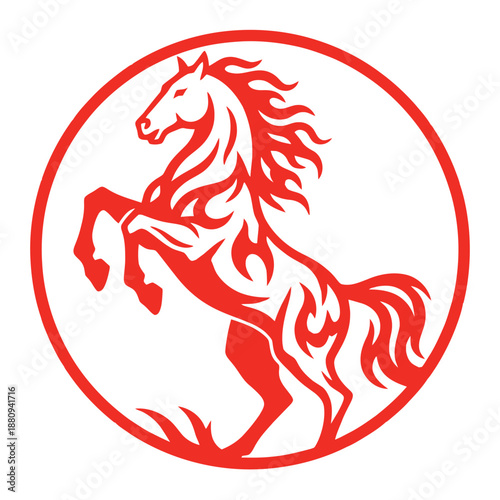 Bold rearing horse emblem in circular frame, flat red illustration isolated on white background.