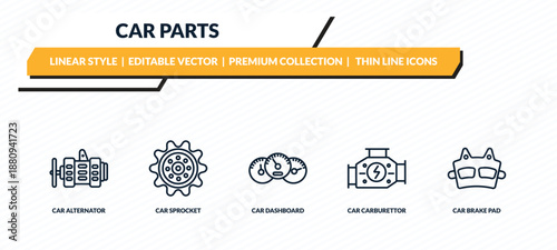 car parts icons set - car alternator, car sprocket, dashboard, carburettor, brake pad outline vector collection.