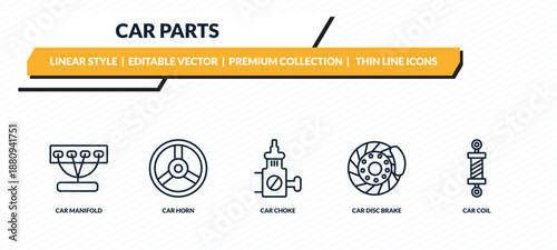 car parts icons set - car manifold, car horn, choke, disc brake, coil outline vector collection.