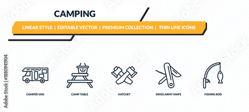 camping icons set - camper van, camp table, hatchet, swiss army knife, fishing rod outline vector collection.