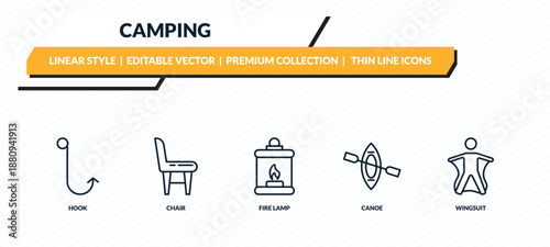 camping icons set - hook, chair, fire lamp, canoe, wingsuit outline vector collection.
