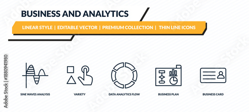 business and analytics icons set - sine waves analysis, variety, data analytics flow, business plan, business card outline vector collection.