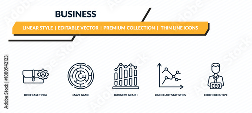 business icons set - briefcase tings, maze game, business graph, line chart statistics, chief executive officer outline vector collection.