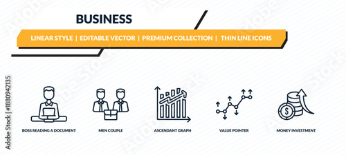 business icons set - boss reading a document, men couple, ascendant graph, value pointer, money investment outline vector collection.