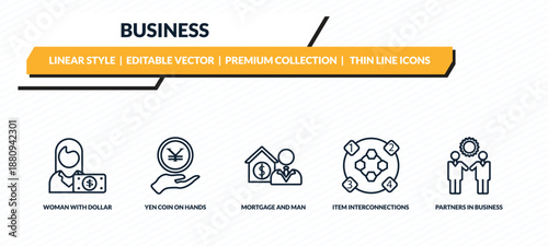 business icons set - woman with dollar bill, yen coin on hands, mortgage and man, item interconnections, partners in business outline vector collection.