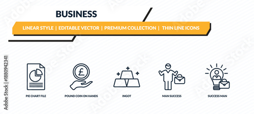 business icons set - pie chart file, pound coin on hands, ingot, man success, success man outline vector collection.