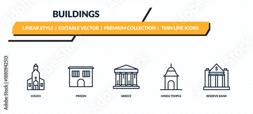 buildings icons set - chuch, prison, greece, hindu temple, reserve bank outline vector collection.