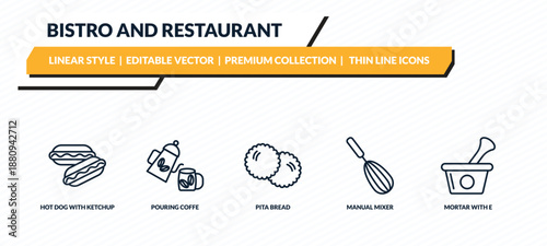 bistro and restaurant icons set - hot dog with ketchup, pouring coffe, pita bread, manual mixer, mortar with e outline vector collection.