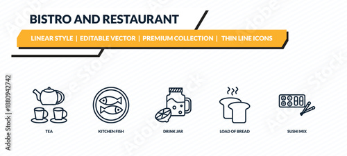 bistro and restaurant icons set - tea, kitchen fish, drink jar, load of bread, sushi mix outline vector collection.