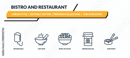 bistro and restaurant icons set - infusion bag, hot soup, bowl of olives, mermelade jar, sushi piece outline vector collection.