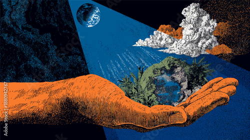 Human hand gently cradling and protecting a vibrant Earth, symbolizing global environmental care, sustainability, and ecological responsibility