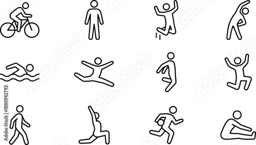 Black and White Line Icons of Stylized Human Figures Performing Various Physical Activities for Fitness, Wellness, and Sports Design Concepts