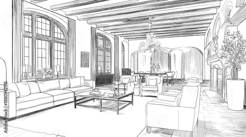 Architectural line drawing of a luxurious and elegant open-plan living room and dining area interior design sketch.