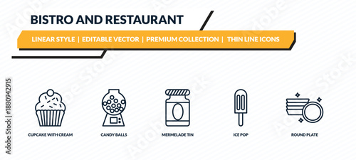 bistro and restaurant icons set - cupcake with cream, candy balls, mermelade tin, ice pop, round plate outline vector collection.