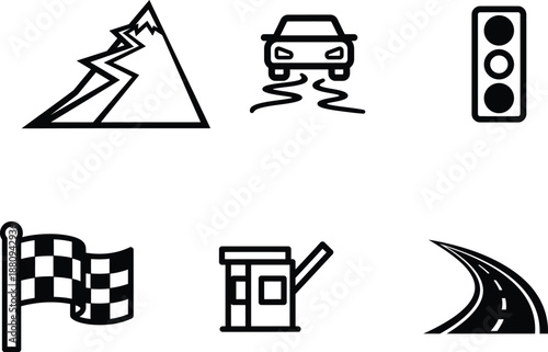 Black and white line icons of transportation and racing  car on road with mountain traffic light checkered flag gas station and road curve