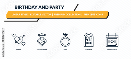 birthday and party icons set - cupid, love potion, ring, jukebox, wedding day outline vector collection.
