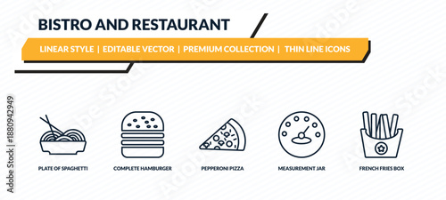 bistro and restaurant icons set - plate of spaghetti, complete hamburger, pepperoni pizza slice, measurement jar, french fries box outline vector collection.