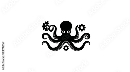 Detailed black octopus illustration with industrial gears and cogwheels. Vector graphic for technology, marine, or steampunk design.