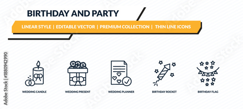 birthday and party icons set - wedding candle, wedding present, wedding planner, birthday rocket, birthday flag outline vector collection.