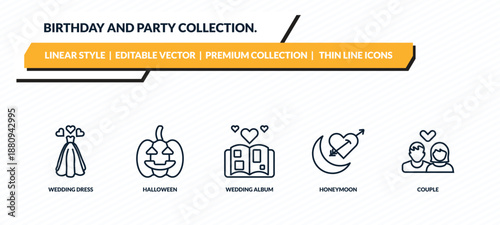 birthday and party collection. icons set - wedding dress, halloween, wedding album, honeymoon, couple outline vector collection.