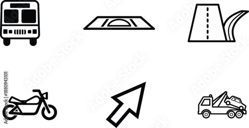 Black and white line icons of various vehicles and road signs