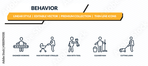 behavior icons set - engineer working, man with baby stroller, man with tool, cleaner man, cutting lawn outline vector collection.