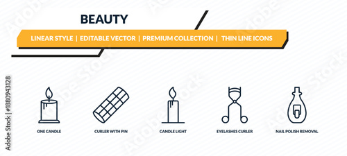 beauty icons set - one candle, curler with pin, candle light, eyelashes curler, nail polish removal outline vector collection.