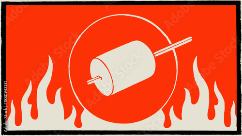 Simple graphic icon of a marshmallow roasting over flames. Perfect for camping, bonfire, or sweet treat designs.