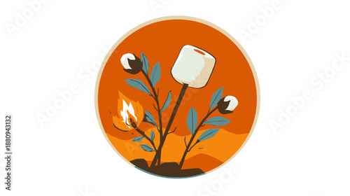 Whimsical marshmallow roasting on a stick over a campfire, growing from a sweet plant with cotton bolls. Warm autumn treat icon illustration.