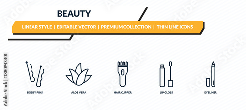 beauty icons set - bobby pins, aloe vera, hair clipper, lip gloss, eyeliner outline vector collection.