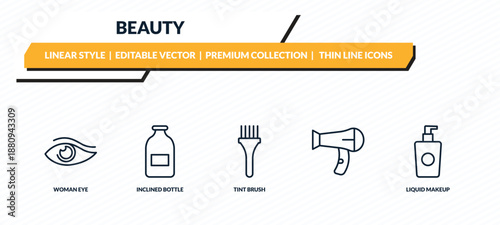 beauty icons set - woman eye, inclined bottle, tint brush, , liquid makeup outline vector collection.